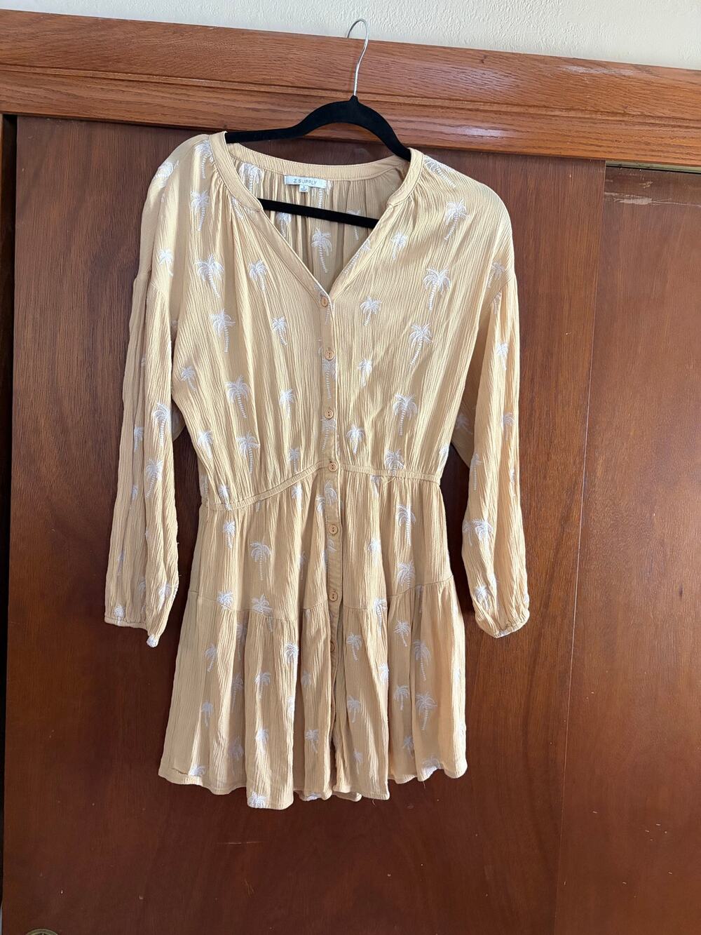 Z Supply Palm Tree Embroidered Mini Dress Beige Long Sleeve Button Front S